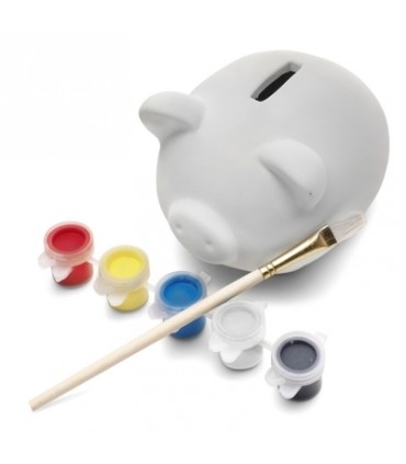 Plaster piggy bank with wooden brush and 5 paints