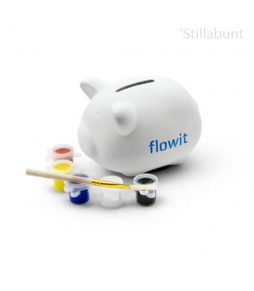 Plaster piggy bank with wooden brush and 5 paints